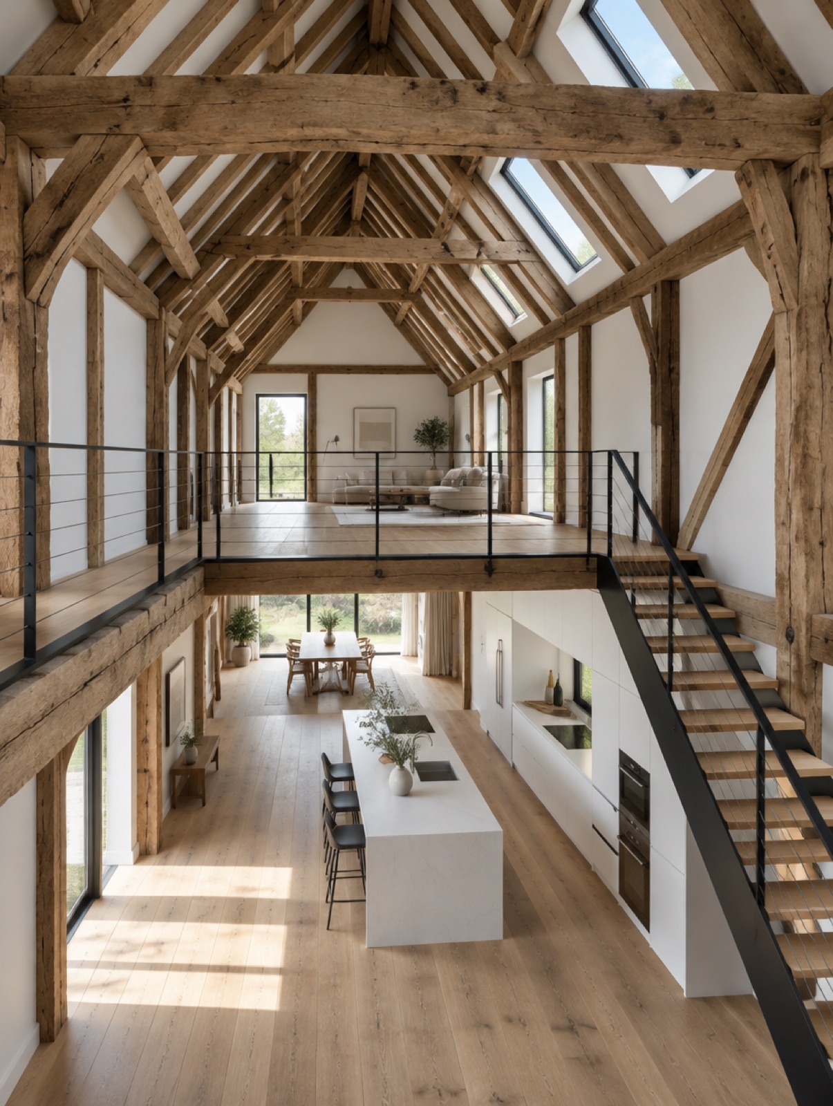Saniertes Fachwerk-Loft mit offenem Dachstuhl, Stahltreppe und weißer Küche