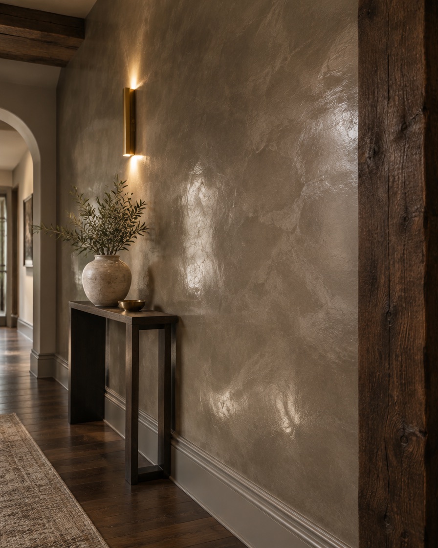 Flurwand in poliertem Marmorino mit seidigem Glanz