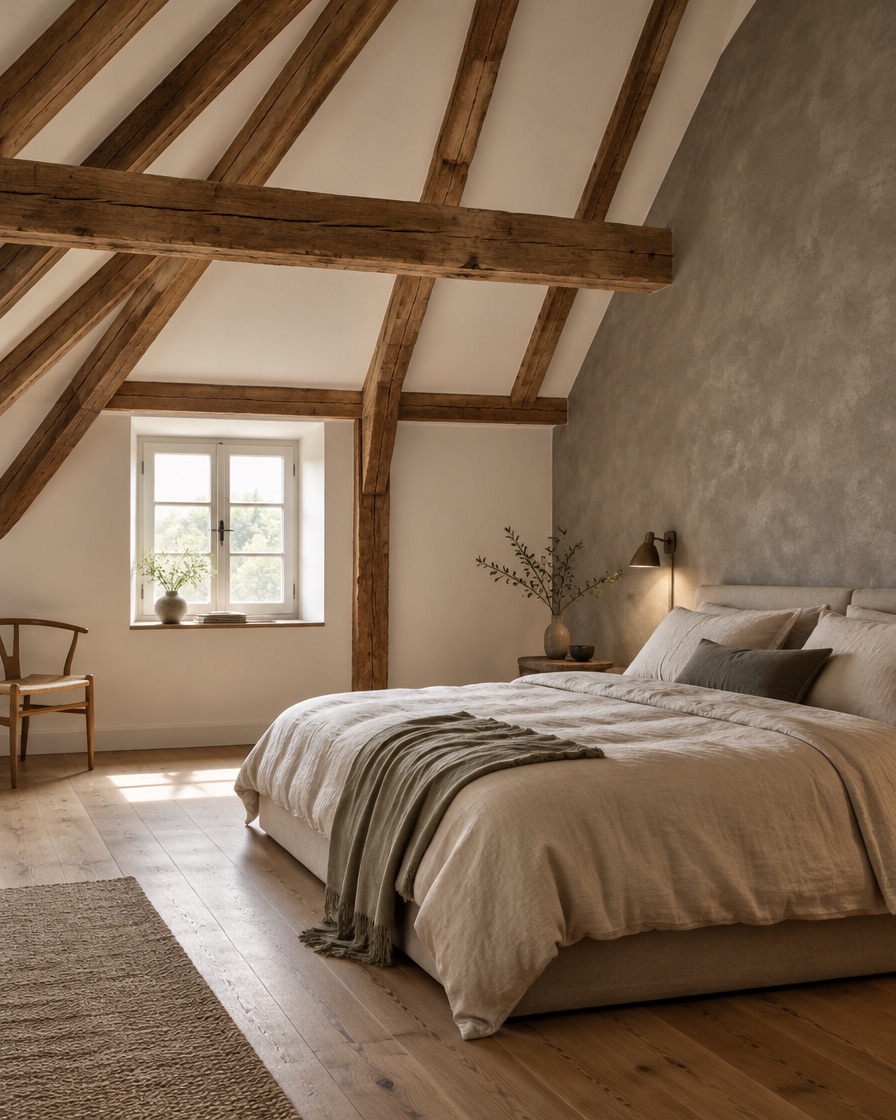 Schlafzimmer im Dachgeschoss unter alten Sparren