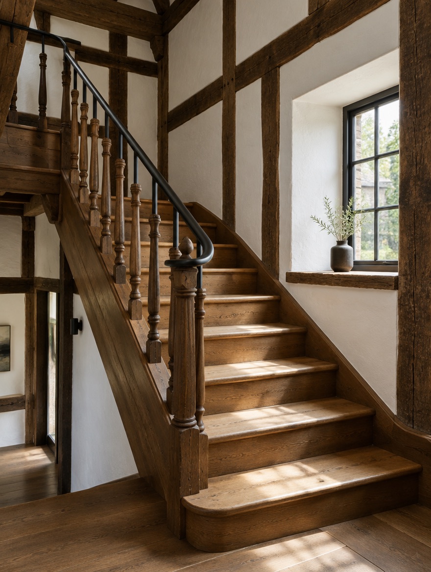 Restaurierte Holztreppe mit gedrechselten Stäben und schwarzem Stahlhandlauf